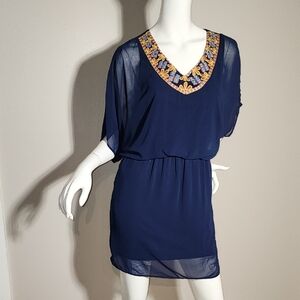 Navy Blue Embroidered Mini Dress